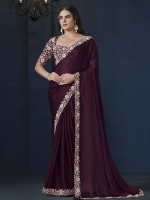 Dark Plum Satin Chiffon Party Wear Saree